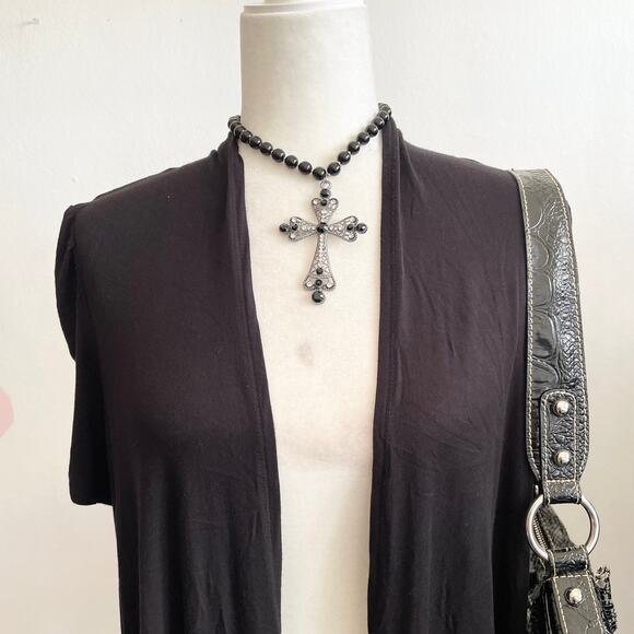 Black Short Sleeve Cardigan Knit Top Vintage Gothic Minimalist Large - Picture 2 of 7